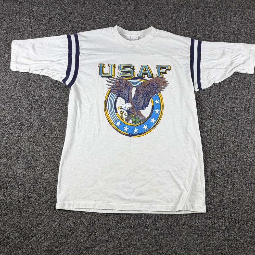 USAF T-Shirt Mens L White Graphic Eagle Striped Sleeve Military Jostens EUC Flaw